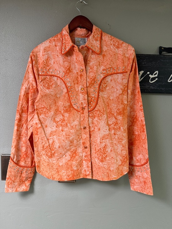 western collection Tops - Embellished Orange Button-Down Western Shirt